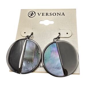 Pierced Versona Earrings Simulated Abalone & Charcoal Black Dangle Round Shaped